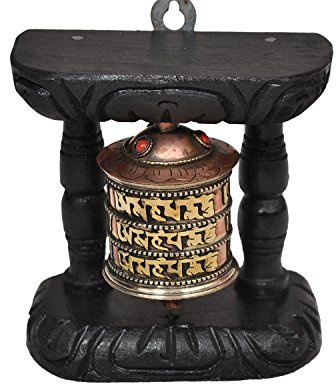 Dharma Store Tibetan Hand Craving Wood & Metal Om Mani Padme Hum Wall Hanging Prayer Wheel
