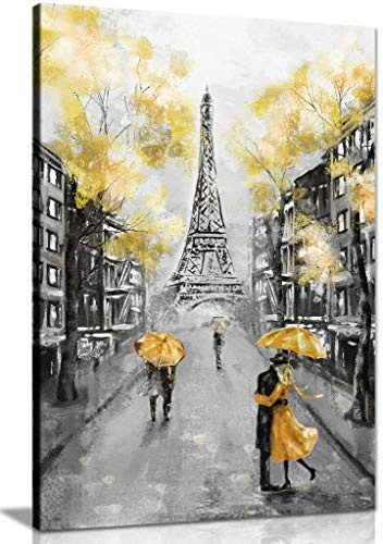 Yellow Black & White Paris Painting Canvas Wall Art Picture Print (12x8)