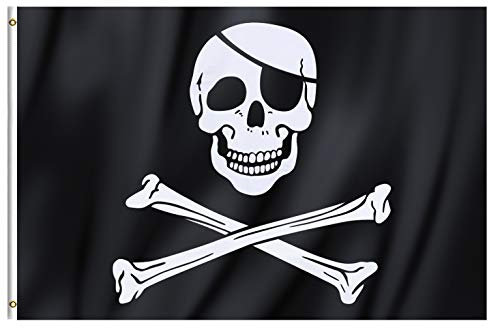 TRIXES Bandera Pirata Negra Grande Jolly Roger Calavera y Huesos 90x150 cm con Anillos Banner Colgante Fiesta Temática Decoración de Barco Fantasma