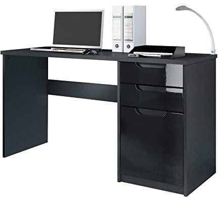 Vladon Schreibtisch Logan, Made in Germany, Bürotisch mit 2 Schubladen und 1 Tür, Schwarz matt/Schwarz Hochglanz (129 x 76 x 60 cm)