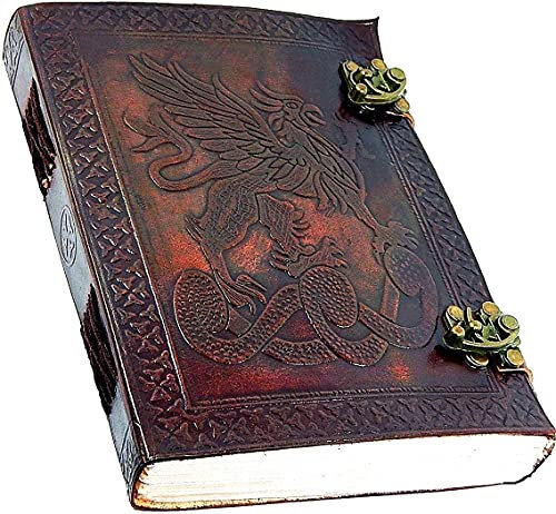 Montexoo Leather Journal Dragon Dungeons Dragonette Diary Sketchook Notebook with Lock for Men Women Dnd Travel Bullet Handmade Vintage Old Antique Writing Large Old Cool Brown 8 Inch