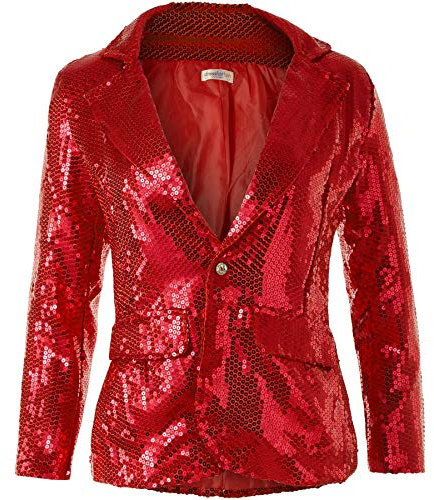dressforfun Blazer Damen, Kostüm Damen Pailletten Oberteil Damen, Glitzer Oberteile Damen, Jackett, Faschingskostüm, Disco Kostüm Damen, Rave Outfit Damen, 80er Jahre Outfit, rot, L