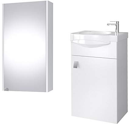 Planetmöbel Badmöbel Set Waschtisch mit Unterschrank 40 x 60 x 29 cm mit Spiegelschrank 40 cm für Badezimmer, Gäste WC & Bad, Weiß