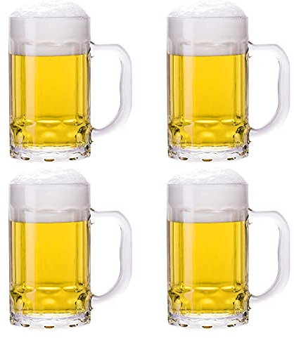 TUSAPAM Juego de 4 vasos de cerveza grandes con mango - Steins de vidrio de 14 onzas, clásico vaso de cerveza