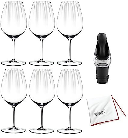 Riedel Performance Wine Glass (Cabernet, 6-Pack) Bundle with Wine Pourer and Microfiber Polishing Cloth (5 Items)