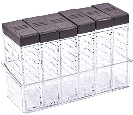 Pinsheng 6 Stück transparente Gewürzdosen, Gewürzgläser aus Kunststoff mit Tablett und doppeltem Deckel, offen, Gewürzdose für Camping, Küche, Grill