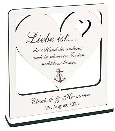 Deko Aufsteller Spruch Liebe - mit Anker Motiv - inkl. Namen und Datum - 16 x 16 cm