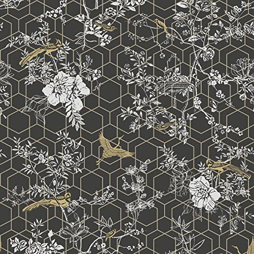 Lipsy Himara Wallpaper - Modern Floral Wallpaper for Living Room, Bedroom, Fireplace - Decorative Nature Luxury Wall Paper with Beautiful Flowers, Birds & Metallic Gold Geometric Print (Charcoal Grey)