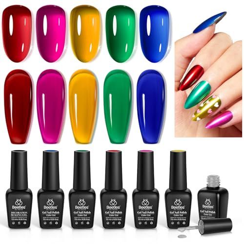 Beetles Gel Nail Polish 7 Pcs UV Nagellack Set Metallisch Gellack 5 Jelly Neon Farben und Dekoration Versiegelungsgel Vergoldet Alter Sammlung Chrom Gelllack für Nagel Soak Off Maniküre Set