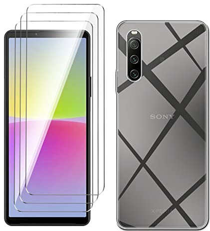 LYZXMY Hülle für Sony Xperia 10 V 5G(6.1) Transparent Handyhülle + 3 Stück Gehärtetes Glas Schutzfolie, Case Weich Silikon TPU Schutzhülle Cover 9H Härte HD Gehärtetes Glasfolie Glas