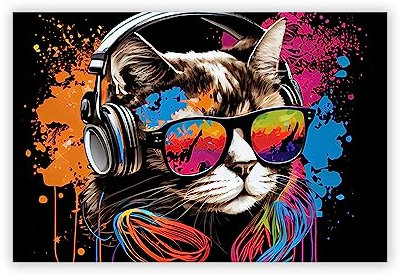 NOLLAM Bilder auf Leinwand Katze mit Kopfhörer-Tier Leinwand Gemälde Wandkunst Poster Und drucke-Bunt Leinwandbilder XXL-Abstrakte Graffiti Kunstdrucke für Wohnzimmer40x60cm16 x24ohne Rahmen