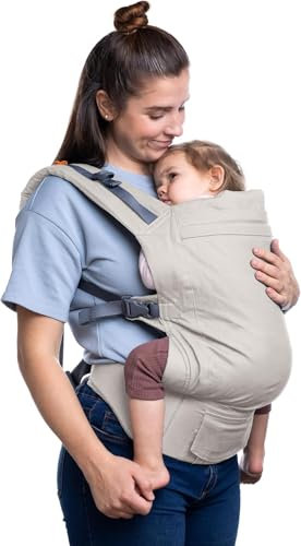 Beco Toddler Babytrage mit extra breitem Sitz - Kindertragerucksack aus 100% Baumwolle, 2 Tragepositionen, Kindertrage Bauch/Kindertrage Rücken, Kindertrage Wandern, 9-27 kg (Ecru)