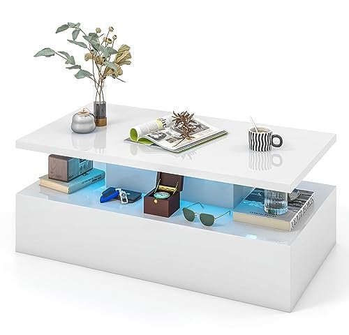 COSTWAY LED Coffee Table, High Gloss Cocktail Center Table with 20 RGB Light Colors, Adjustable Speed, Brightness and Storage Shelf, Modern Wooden Rectangle Tea Side Table for Living Room (White)