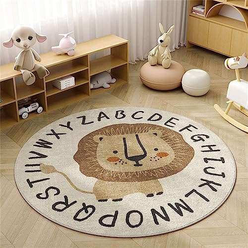 YATOLA Teppich Kinderzimmer Kinderteppich Waschbare Spielteppich Rutschfester Kinderteppiche Runden Kindermatte für Babyzimmer Schlafzimmer Babymatte Weich Antirutsch Tier Löwe (120 x 120cm)