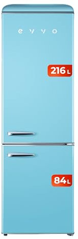 EVVO Frigorífico combi, Diseño Retro, Capacidad Frigorífico 216 L y Congelador 84 L, Libre de Gas CFC, Refrigeración Turbo Fan, Crisper Zone, Control manual inteligente (F55 Retro Color: Azul Pastel)
