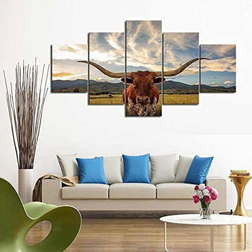 Kunstdrucke Gemälde 5 Teilig Leinwand Drucke,Wand Für Zuhause Malerei Wohnzimmer Wohnung Deko Modulare Bilder Longhorn-Milchkuh-Tier Poster Hd Gedruckt, (Mit Rahmen 150 X 100 Cm) Schlafzimm -5Q7A+T4