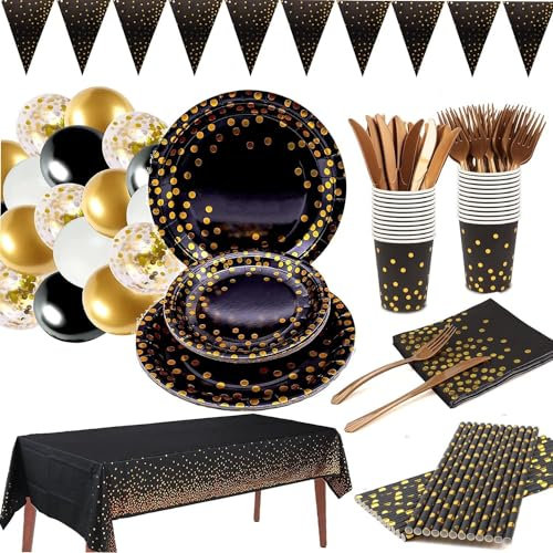 Party Cutlery Party Cutlery Set Gold Dot Plate Black and Gold Party Cutlery - Paper Plates Cups Paper Towels Tablecloths Gold Knives and Forks etc. Party For: Wedding Birthday Graduation Party
