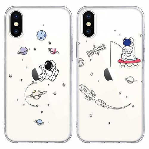 Yoedge 2 pezzi Cover per Apple iPhone X/Apple iPhone XS 5,8, ultra sottile trasparente in TPU morbida cover con simpatico motivo disegno, custodia di protezione antiurto per iPhone XS, astronauta 1