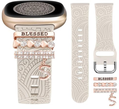 TOYOUTHS Floral Gravierte Armband mit Dekorative Charme kompatibel mit Fitbit Versa 4/Versa 3/Sense 2/Sense Armband Damen Boho Sport Silikon Armbänder mit Dressy Ring Loop für Sense 2, Polarstern/S