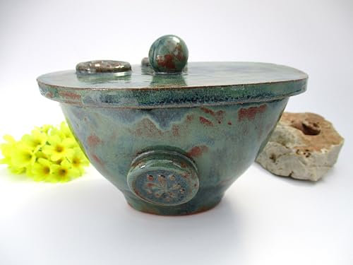 KERZENFRESSER Indoor mit Deckel/getöpferte Keramik in toskana-grün zum Schmelzen und Verwerten von Kerzen- und Wachsresten/mit Dochthalter, Glasfaserdocht und Wachsfüllung