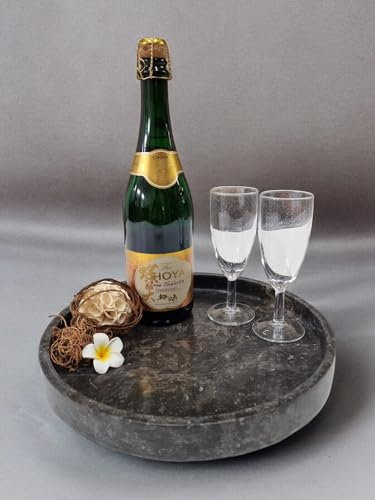 Marmor Tablett rund - schwarzer Naturstein Teller für Ihre Wohlfühloase - Badezimmer Kosmetik Tablett - Edles Tablett für einen kleinen Sektempfang