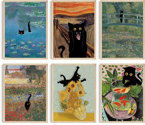 Hambient Wandbilder mit Katzen für moderne Bilder, Dekoration für Wohnzimmer, Schlafzimmer, Schlafzimmer, Badezimmer, Haus, Monet, Van Gogh, Munch, Klimt, 6 Poster (30 x 40 cm - Ohne Rahmen)