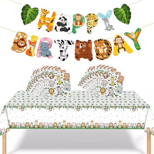 Jungle Theme Forest Animal Party - 3PCS Set with Banner, Tablecloth, 20 Napkins - Simple Decor for Safari Birthday, Baby Shower, or Kids’ Wild One Party Celebrations