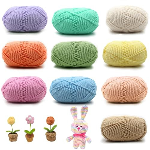 10 Ovillos de 50 g de Hilo de Algodón para Tejer a Mano, Set de Hilos de Algodón para Tricotar a Mano, Hilo Acrílico Multicolor, Fácil Cuidado, para Tejidos DIY y Punto a Mano, 10 Colores(Acrílico)
