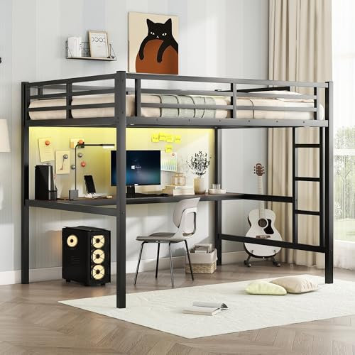 Bellemave Loft Bed Full Size with Desk, LED Lights,Charging Station, Full Size Metal Loft Bed Frame, Full loft Bed for Adults, Kids, Teens, Full, Black with Desk