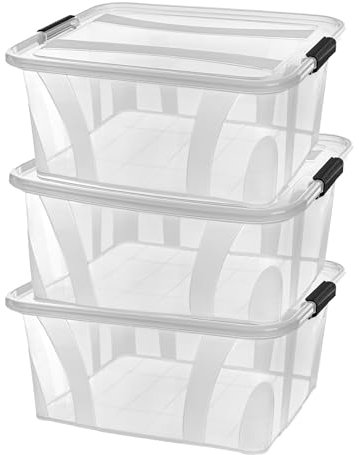 Aufbewahrungsboxen mit Deckel, 7L 14L 21L 32L 55L 80L Plastik Boxen Klickverschluss Stapelboxen 1er/3er Sets Lebensmittelecht Transparent Haushalt & HLKauf-Block (3er-Set 32-Liter & 1x HLKauf-Block)