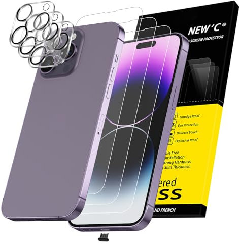 NEW'C 3x Protector Pantalla para iPhone 14 Pro Max (6,7 Pulgadas) y 3x Protector de Lente de Cámara - Cristal Templado + Tapón Antipolvo- Ultra Resistente- Sin Burbujas- Dureza 9H