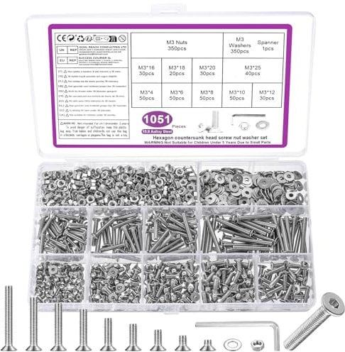 1051 Pz M3 Set di Viti, Bulloni e Dadi Set, Bulloni Vite a Testa Svasata Esagonale e Dadi e Rondelle, Viti a Testa Piatta con Esagono Incassato, Argento