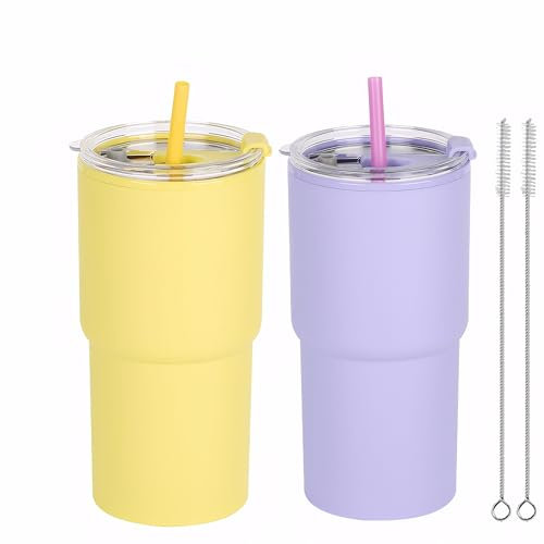 Yisituo Coffee Travel Mug, 2 Pack 480ml Reusable Plastic Cups, Drink Cups with Lids and Straws, Insulated for Hot & Cold Drinks, Car Cup Holder Compatible (2, Yellow, Purple)