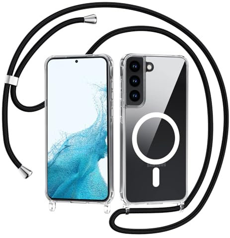 Handyband für Samsung Galaxy S22 Hülle mit Band, Kompatibel mit MagSafe, Transparent Magnetische Handyhülle mit Kordel zum Umhängen Stossfest Silikon Schutzhülle, Kette Schwarz