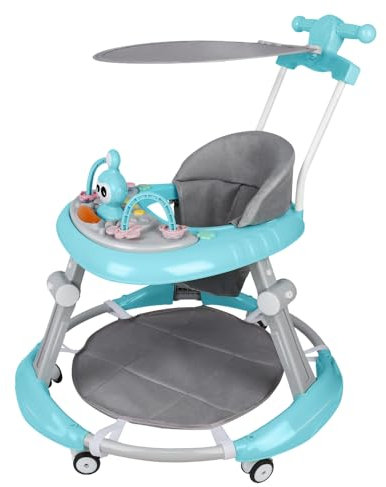 Lauflernhilfe 4-in-1 für Babys, mit Aktivitätsplatte und verstellbarer Position, faltbar, Lauflernhilfe mit Bodenmatte, Schiebegriff und Sonnenblende, 6 Monate und mehr (blau, 67 x 67 x 79 cm)