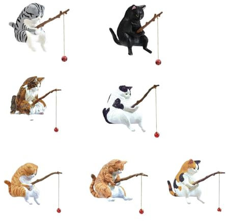 Whcctl 7 Stück 3.5cm Katz Figur, Angelnde Katzenstatue, Katze Angeln Deko, Fischen Katze Miniatur, Interessantes Fisch Tank Ornaments, für Wohnraum, Garten, Balkon, Teiche, Schreibtisch Deko