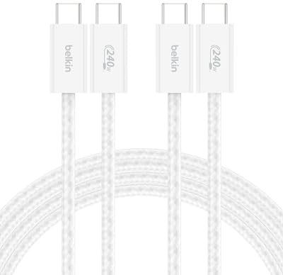 Belkin Braided USB-C to USB-C Cable (2M, 240W) - Soft, Flexible Fast-Charging Cable, Type C Charger Cord for iPhone 16 & 15 Series, Galaxy S25, Pixel 9, iPad Pro, & More - White (USB 2.0, 2-Pack)