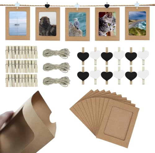 REBECCAHOWARD 30 Stück Kraftpapier Fotorahmen mit 30 Mini Liebe Holzklammer,10 x 15 cm Papier-Bilderrahmen,Karton-Bilderrahmen Wanddekoration für Zuhause, Party, Büro