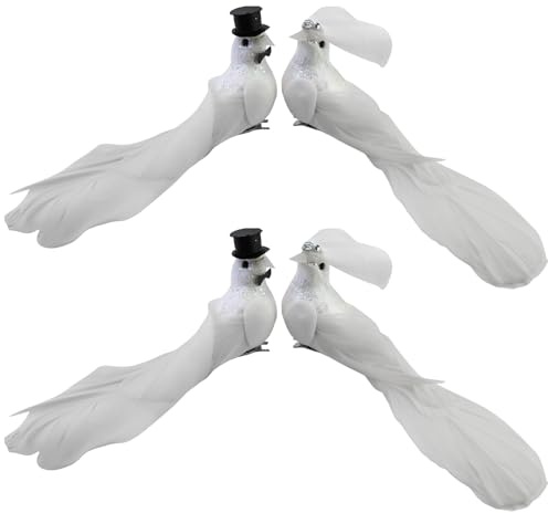 2 Paar Weiß Taubenpaar mit Clips und Plastikbox,Hochzeitsdeko Hochzeit Deko Taubenpaar, Brautpaar Figuren Künstliche Vögel Taube Deko,Weiße Vogel skulptur Ornamente