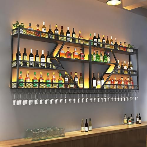 AKOGG Metall Weinregal Zur Wandmontage Mit LED-Licht,Flaschenregal Mit Glashalter,Weinflaschenhalter Mit Weinglashalter,Großes Bar Regal Wand,Weinregale Hängend(3-Layer Black,200 * 20 * 86cm)