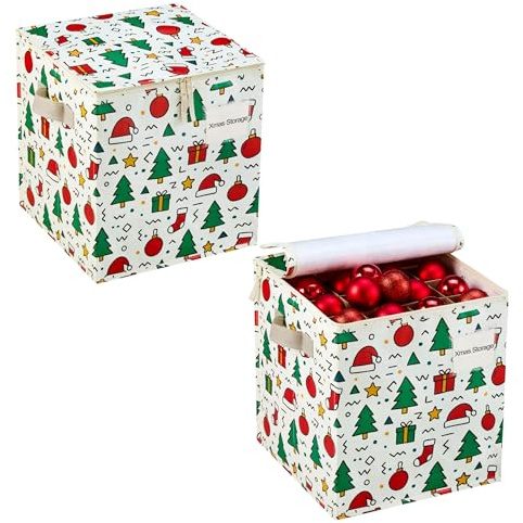 VENO 2 Pack Christmas Ornament Storage Box, Stores up to 64 Holiday Ornament, Adjustable Dividers, Zippered Top, Two Handles and Dual Zipper (Jingle Mix - 2 Pack)