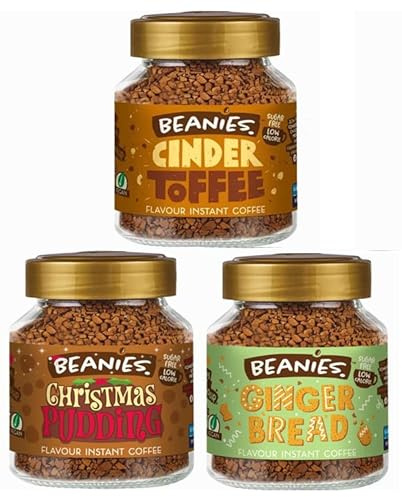 Beanies Christmas collection Flavoured Instant Coffee Variety Pack 150g (3 x 50g Jars) – Includes Christmas Pudding, Cinder Toffee & Gingerbread, Sugar Free, Vegan & Gluten Free - Seasonal Favourites