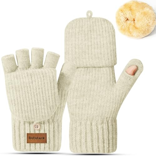 Bototack Winter Fingerless Gloves Warm Thermal Knitted Convertible Mittens Flap Cover for Women Men Cycling Driving Running