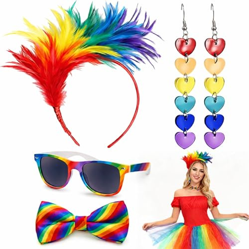 RAOPNHS Pride Outfit Regenbogen Accessoires Set 4 Stück, Pride Accessoires Mit Feder Haarreif Regenbogen Sonnenbrille Ohrhänger Fliege, Festival Pride Parade Outfit Zubehör Für Damen Karneval Party