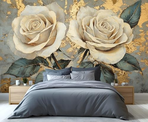 YXQAIED Papier peint rose blanche, papier peint vintage rose pour salon, papier peint floral antique, papier peint non autocollant 3D pour décoration d'intérieur, 350 x 256 cm