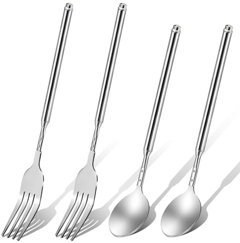 Lot de 4 fourchettes longues extensibles en acier inoxydable pour barbecue, dîner, dessert, saucisses, hot-dogs, 22,9 cm à 64 cm, argenté
