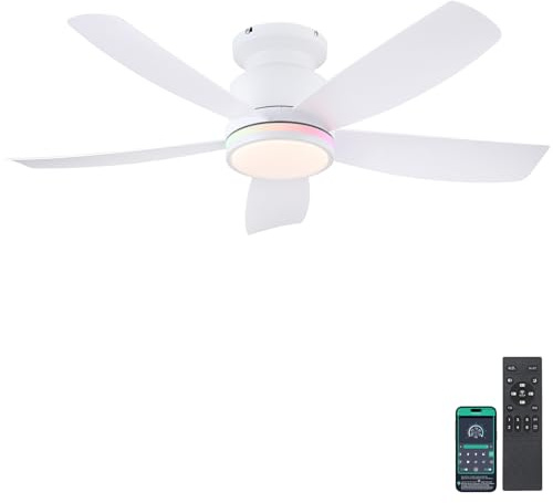 Kviflon RGB Deckenventilator mit Beleuchtung Leise 104 cm, Deckenventilator mit Licht und Fernbedienung und App, Led Deckenventilatoren für Schlafzimmer Wohnzimmer, DC Motor, 5 ABS Flügel, Weiß