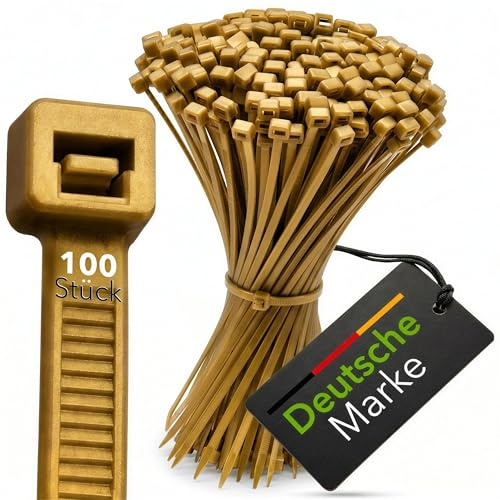 BeBo Cable Ties, Gold, 2.6 x 100 mm, Pack of 100, Stable & Versatile for Indoor and Outdoor Use, Eye-catching Cable Attachment for Home and Crafts