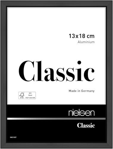 nielsen Bilderrahmen, 13 x 18 cm, Aluminium, Schwarz matt, Fotorahmen zum Auftstellen und Aufhängen im Hoch- & Querformat, Echtglas, Classic