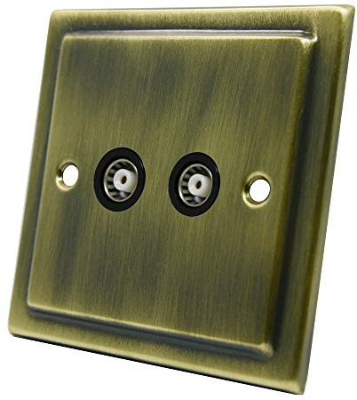 Victorian Antique Brass 2 Gang TV Socket - Double 2-Gang Aerial Coaxial Female Socket